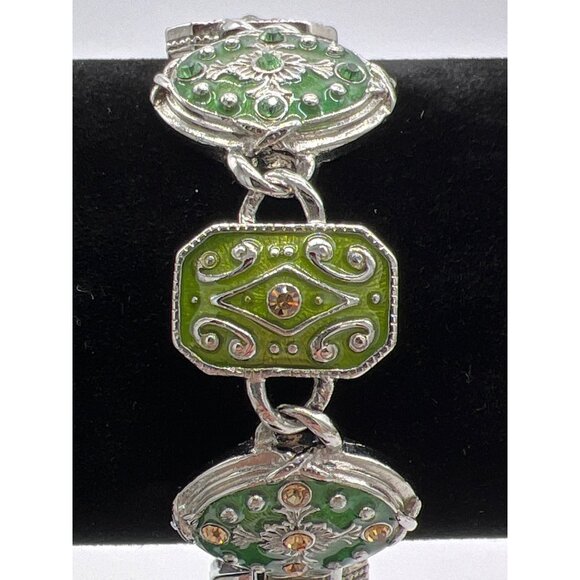 Vintage Style Silver-Tone Enamel Bracelet With Green & Brown Accents Floral & Sw - Picture 4 of 7